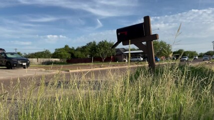 A mailbox on the street of a neighborhood with the grass moving with the wind blowing in a sunny day of october