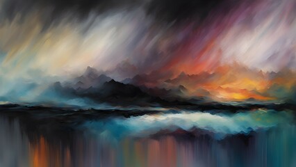 A vibrant abstract landscape with dramatic colors reflecting on water.
