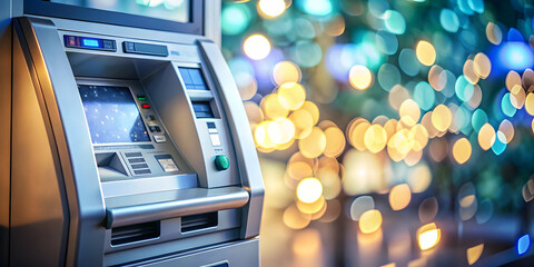 Obraz premium Macro Image of a Futuristic Currency Exchange Machine with Glowing Holographic Display and Copy Space for Advertising in Financial Technology Concept