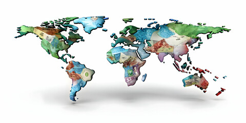Obraz premium Global Currencies Map: Creative Representation of International Trade and Finance, Perfect for Banking and Business Advertisements