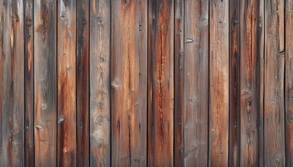 Naklejka premium Weathered wooden wall background with vertical boards in natural brown and grey tones.
