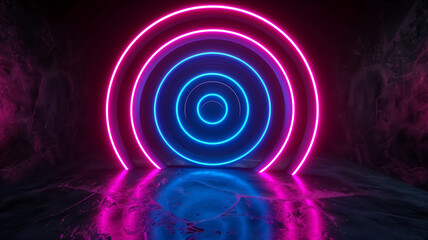 Obraz premium Neon circles in vibrant pink and blue create stunning visual effect in dark, textured environment. glowing lights reflect beautifully on surface, enhancing atmosphere