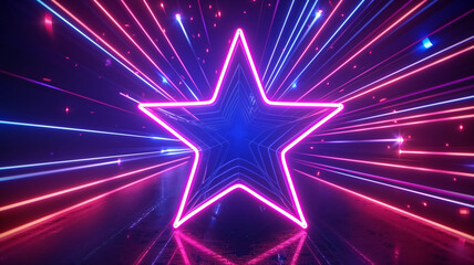 vibrant neon star shape radiates colorful light beams in dynamic display, creating energetic and captivating atmosphere
