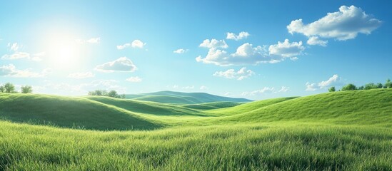 Fototapeta premium A panoramic view of rolling green hills under a clear blue sky with puffy white clouds.