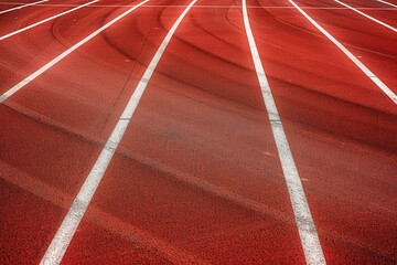 Laneless track and field course Red track with white markings side view