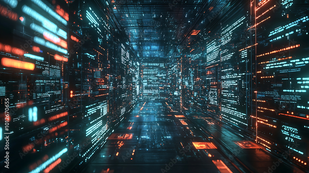 Aufkleber futuristic ai managed digital network with glowing neon data and cyber systems in high tech grid