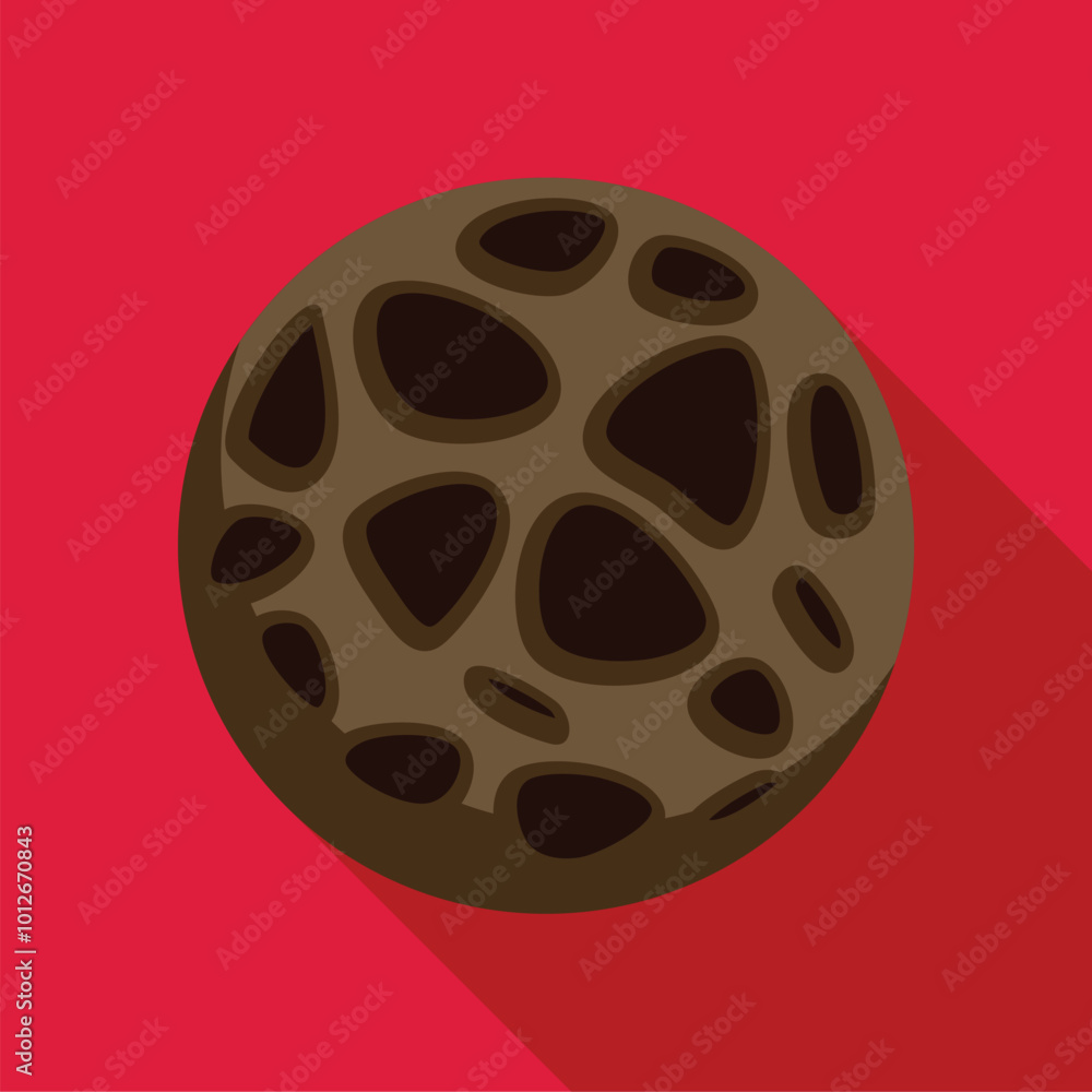 Poster illustration of a planet with craters casting a long shadow on a red background