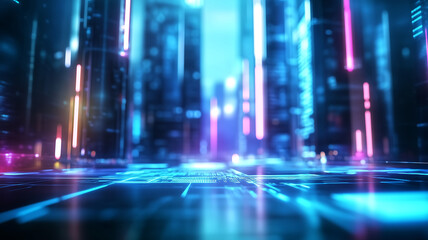 Futuristic cityscape with glowing neon lights and digital elements creates vibrant atmosphere. scene showcases advanced architecture and technology, evoking sense of innovation and progress