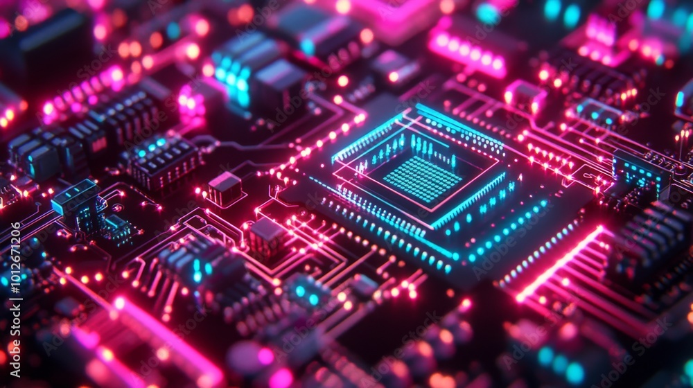 Poster a close-up of a circuit board with a glowing blue processor chip surrounded by red and blue lights.