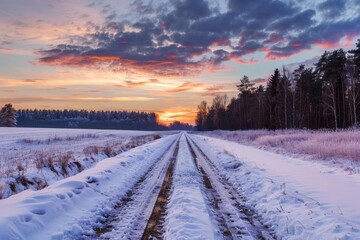 Latvian winter countryside road at night with forest and colorful sunset sky