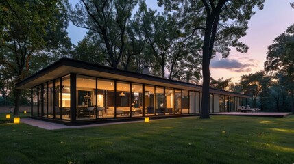 Obraz premium Modern House with Glass Walls and Surrounding Trees