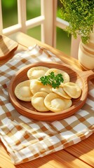Delicious dumplings served on a wooden plate with fresh parsley garnish.3d pierogi ,concept pierogi day