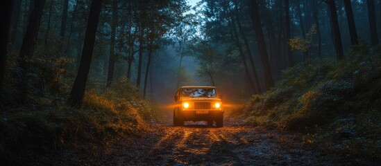 A lone car drives through a dark and misty forest, the headlights illuminating the path ahead.