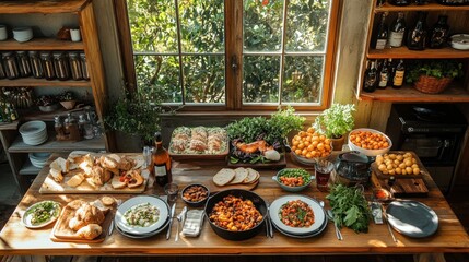 Elegant dining table set for a meal, viewed from an overhead angle, showcasing the arrangement with soft lighting and neutral colors 