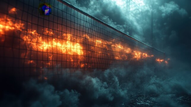 Dramatic Volleyball Net Scene with Smoke for Sports and Event Promotion