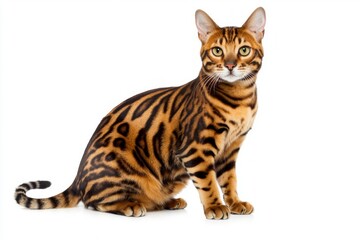 beautiful Toyger cat, with its stunning striped coat and muscular build, poses elegantly on a clean white backdrop, showcasing its wild and domestic beauty.