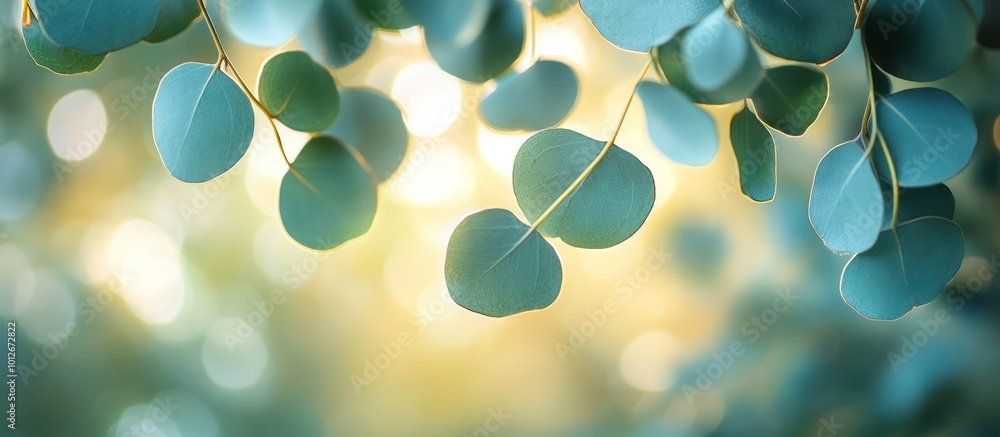 Sticker Eucalyptus leaves with bokeh background.