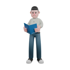 Male Writer Character. A male writer stands holding a blue book with both hands. 3D Storyteller