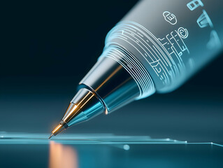Futuristic digital pen writing on a touchscreen surface, high-tech design concept, precision technology