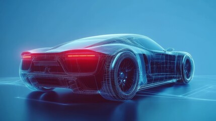 Futuristic car wireframe concept featuring augmented reality on a striking blue background