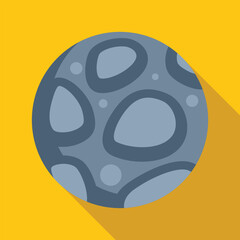 Grey planet with craters on a yellow background, simple flat design with long shadow