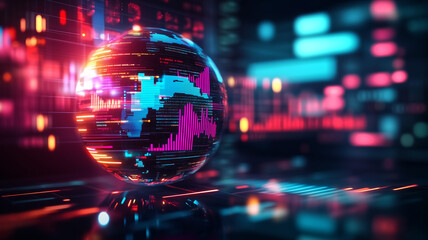vibrant digital globe representing real time data analysis with colorful graphs and metrics. futuristic design conveys sense of innovation and technology
