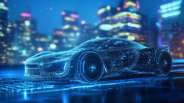 Futuristic car wireframe concept with augmented reality intersection on blue background