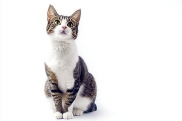 Obraz premium American Wirehair cat exudes charm and curiosity while sitting calmly in a serene, white space, embodying feline elegance.