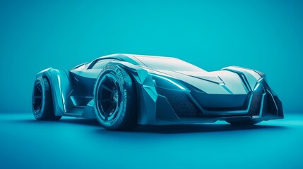 Futuristic wireframe car concept featuring augmented reality interface on blue background