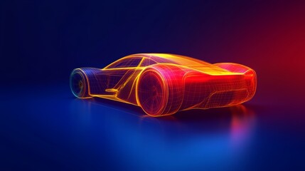 Futuristic car wireframe concept with augmented reality elements on a striking blue background