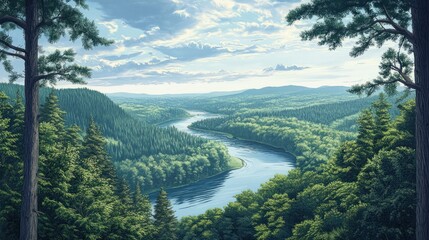 Serene River Winding Through Forested Valley