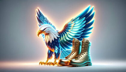 Fototapeta premium 3D Glowing American Eagle Symbolizing Freedom with Soldiers Boots on White Background � Perfect for Veterans Day Tribute and Celebrating Military Service