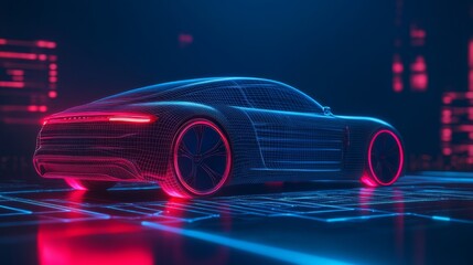 Futuristic car wireframe concept featuring augmented reality elements on a vibrant blue background