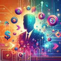 Obraz premium Flat Abstract Glowing Financial Symbols: A Vibrant Digital Art Piece Showcasing Dollar Signs, Coins, and Arrows in a Modern Business Theme for Financial Growth and Savings