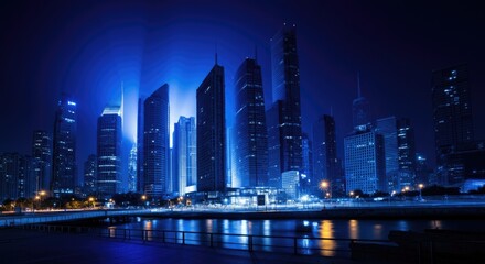 Naklejka premium Futuristic Blue-Toned City Skyline at Night with Skyscrapers and Reflections