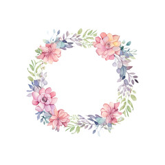 A beautiful wreath with blue and pink flowers and foliage Ideal for wedding stationery, invitations, greeting cards, and designs with a spring theme. Generative AI