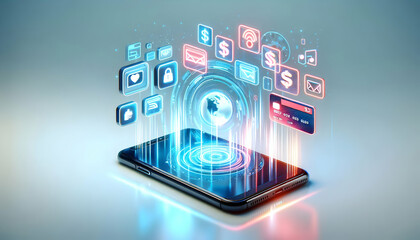 Fototapeta premium 3D Holographic smartphone with floating app icons and copy space concept as A sleek glossy smartphone with floating holographic app icons surrounding it. The icons glow with a futuristic aura creating