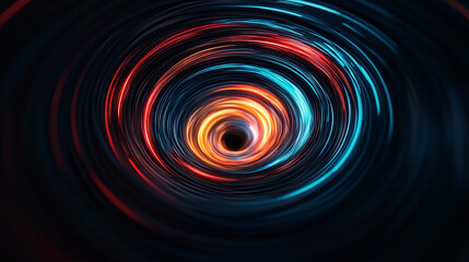 Abstract swirling light patterns in red, blue, and orange colors forming a vortex.