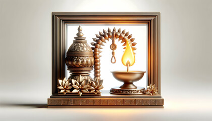 3D Labh Pancham Diya and Kalash Minimalist Border Frame with Ample Copy Space | Vector Graphic of Prosperity Symbol with Warm Glow on White Background