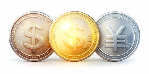 Close Up of a Shiny Promotional Coin with Currency Symbols, Emitting Glow, Ideal for Financial Promotion and Advertising Concepts with Ample Copy Space on White Background