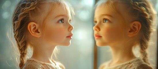 Young girl with braided hair looking into a mirror, sunlight shining in from a window.