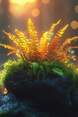 Fototapeta premium Golden-hued fern growing on a moss-covered rock in a misty forest with sunlight filtering through, creating a dreamy atmosphere.