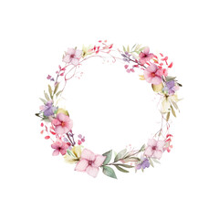 A beautiful wreath with blue and pink flowers and foliage Ideal for wedding stationery, invitations, greeting cards, and designs with a spring theme. Generative AI