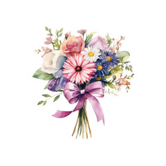 A blooming bouquet featuring roses and daisies with lush greenery and an elegant bow. Perfect for floral themed designs and romantic concepts. Generative AI