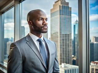 Fototapeta premium A determined African American businessman in a formal suit stands near an office window, overlooking the city,