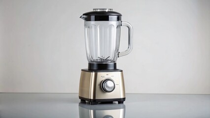 A sleek blender with a glass jar and control dial for blending.