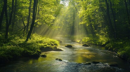 Obraz premium Sunlight Filtering Through the Forest