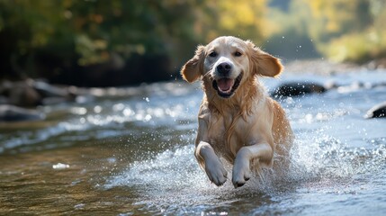 Golden Retriever Playing in a River