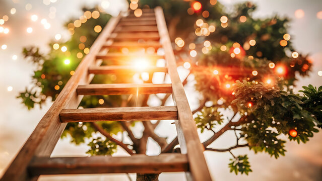 Flat Abstract Ladder Reaching Toward a Tree concept as A soft abstract ladder with bokeh effects reaches toward a glowing tree symbolizing growth through community and compromise in ESG negotiations. 