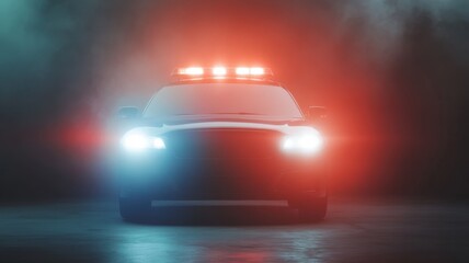 Police Car with Flashing Red and Blue Lights at Night